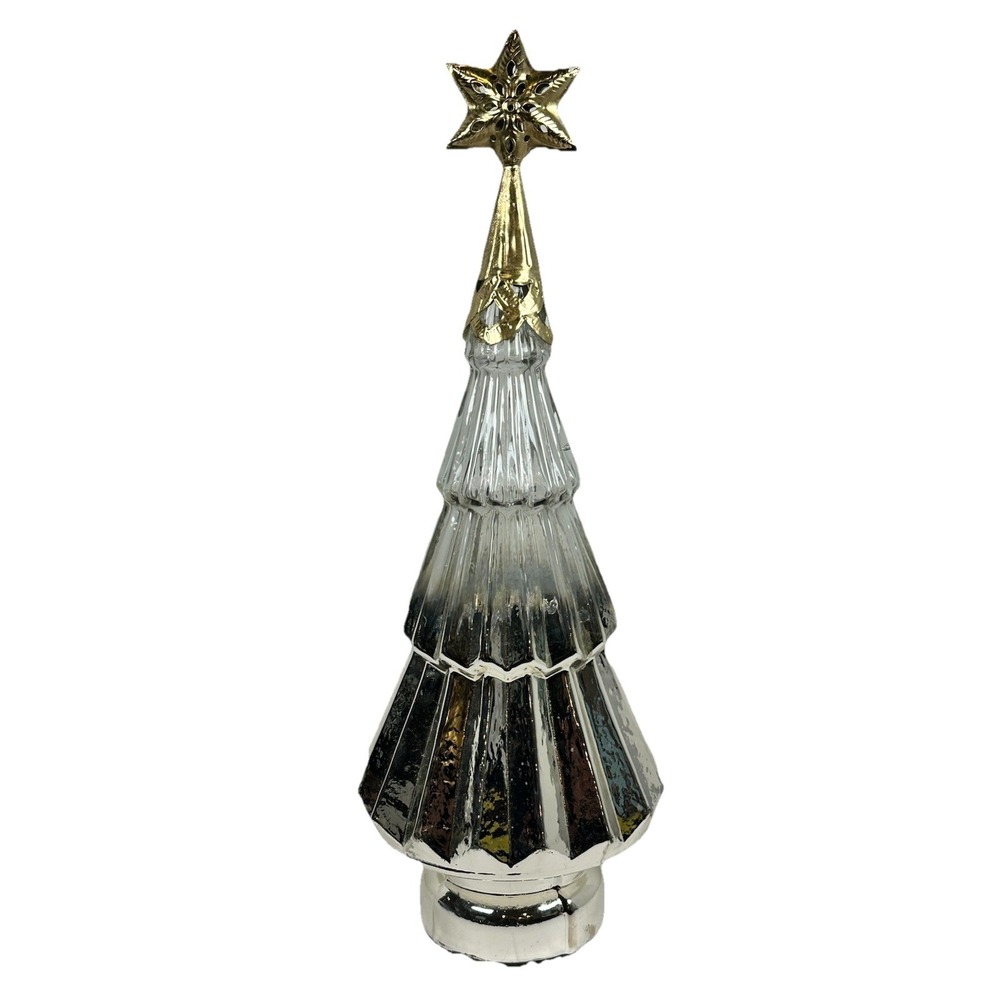 Silver Mercury Glass Tiered Christmas Tree Decor w/ Gold Star Topper 17"